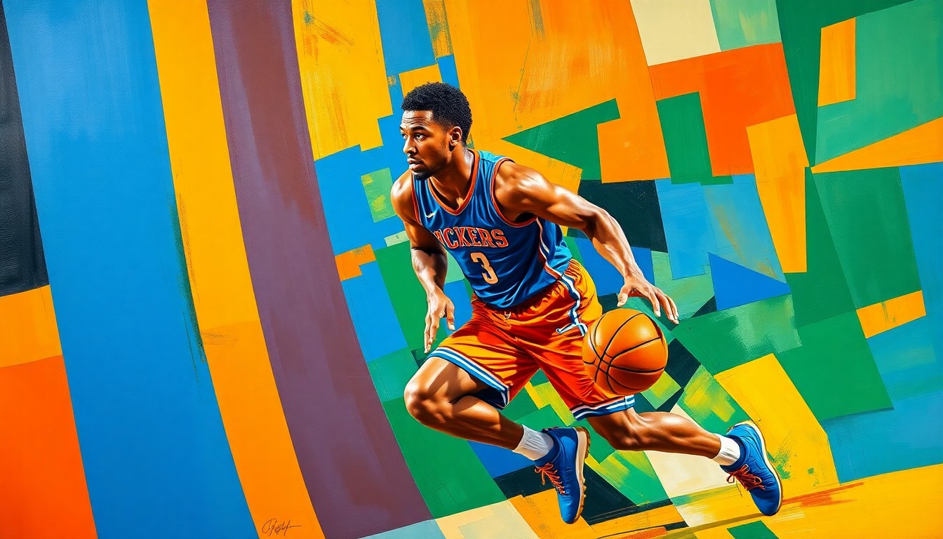 A fragmented, cubist-style painting depicting a college basketball player in motion, with sharp geometric shapes and planes of color representing the player's movements and the energy of the game.