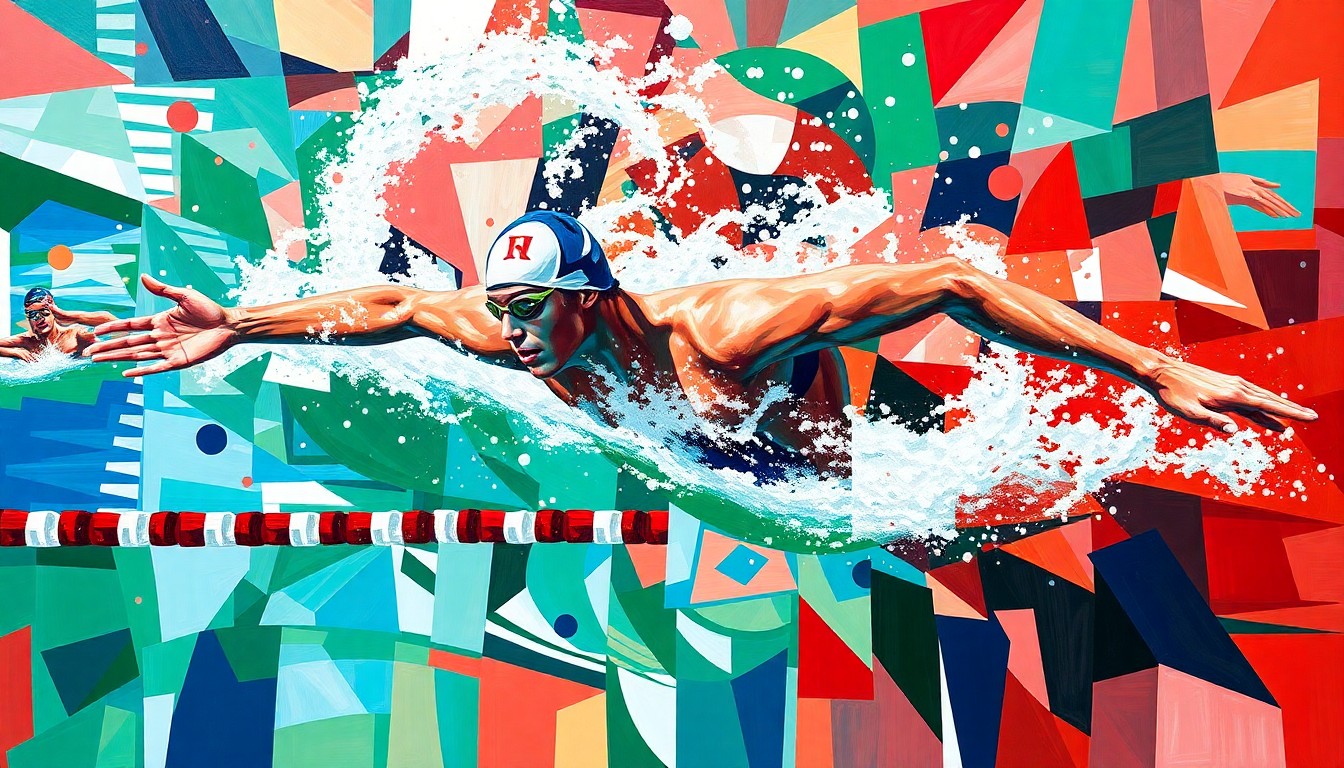 A fractured, geometric painting in vibrant shades of red, white, and green, depicting a swimming competition or training session broken down into sharp, overlapping planes, conceptually representing the instability in Milák's training and funding.