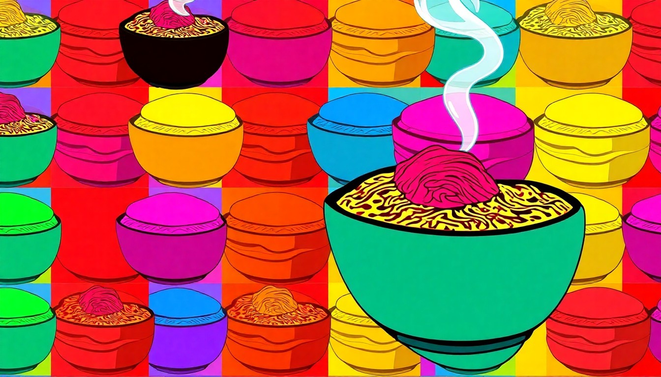 A high-contrast silkscreen print of an anime-inspired food item such as a steaming bowl of ramen or a stack of colorful pancakes, repeated in a tight grid pattern in a neon color palette, conceptually representing the bold, playful aesthetic of the returning anime-themed eatery.