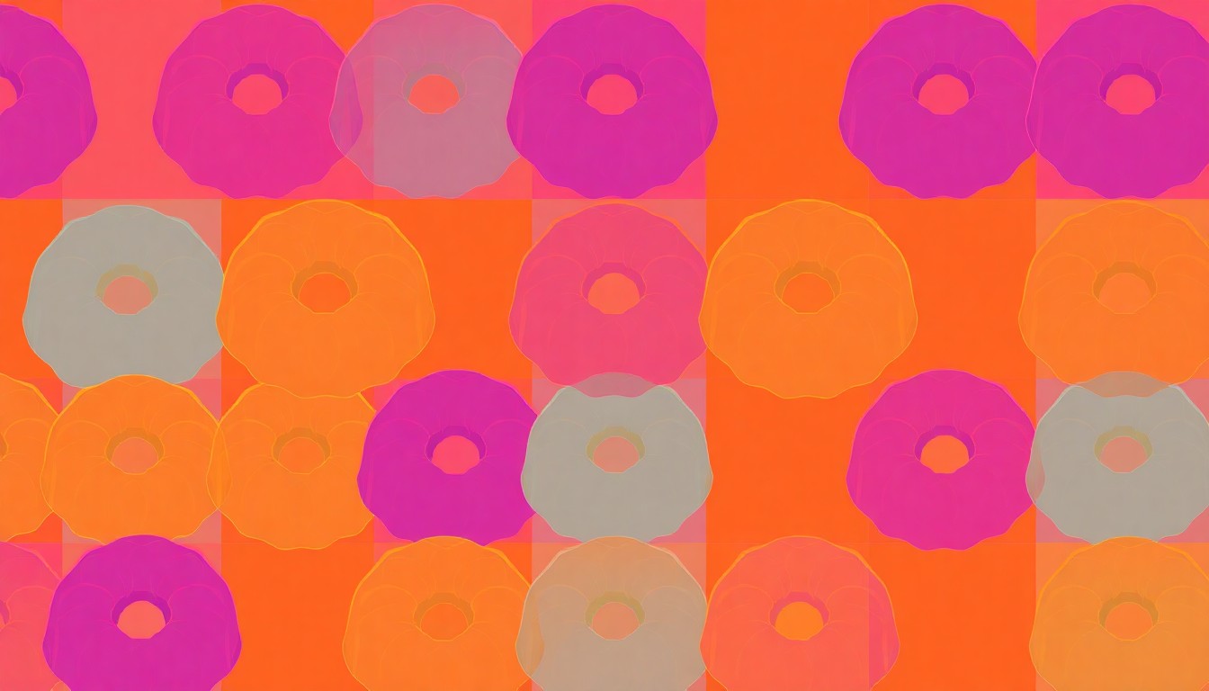 A brightly colored, high-contrast silkscreen print of a single, iconic Bundt cake repeated in a tight grid pattern, utilizing flat, vibrant, and unnatural neon color palettes overlapping with heavy black photographic outlines to turn the everyday Bundt cake into modern pop art.