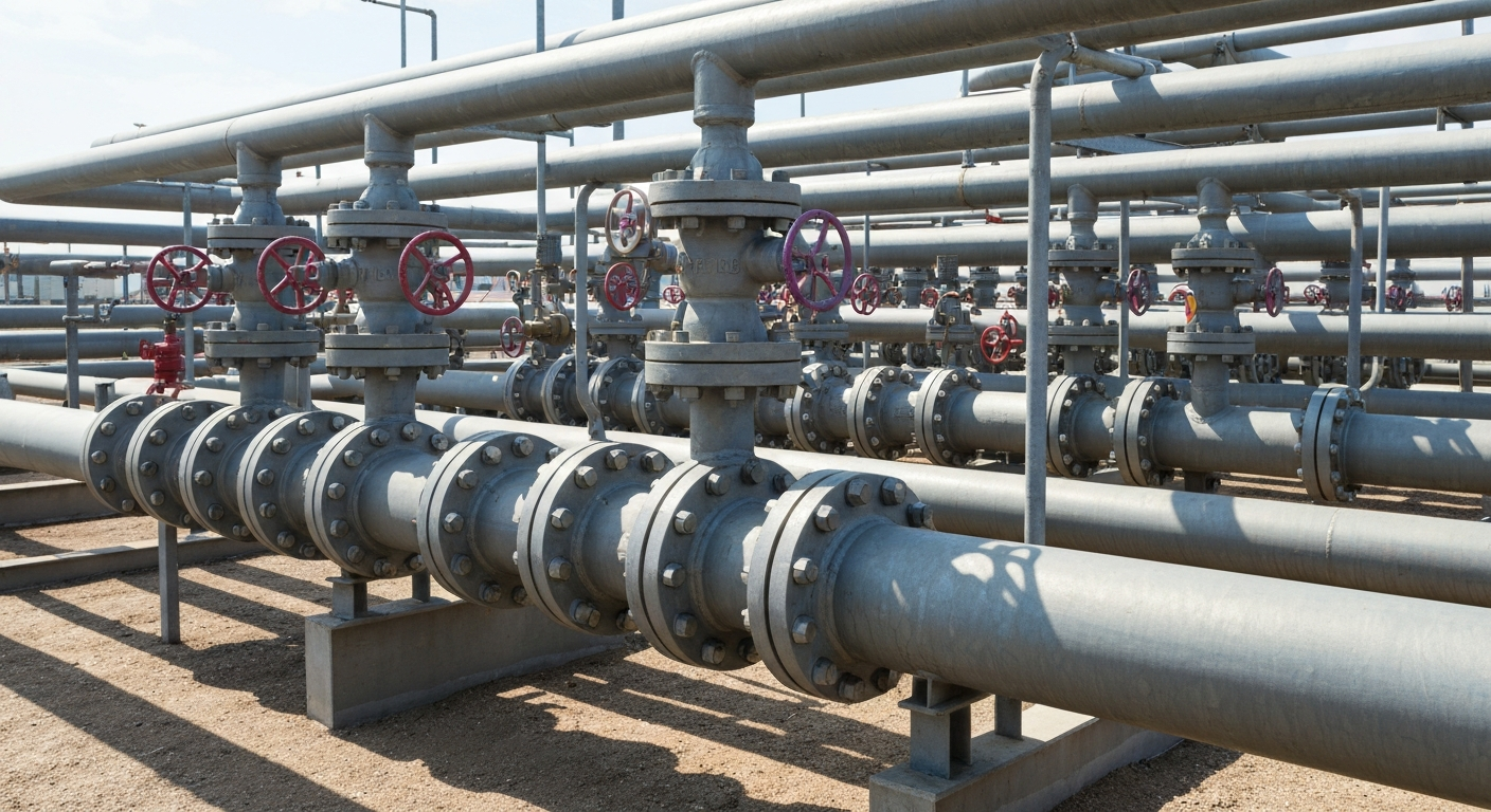 An extreme close-up of a complex network of natural gas pipelines, valves, and other heavy industrial equipment, conveying the tangible, physical nature of the energy industry's infrastructure.