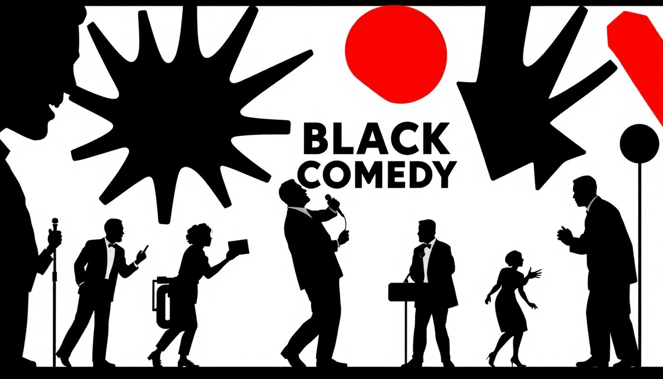 A bold, abstract composition of jagged geometric shapes and stark black silhouettes in high-contrast red and white, representing the complex legacy of Black comedy.