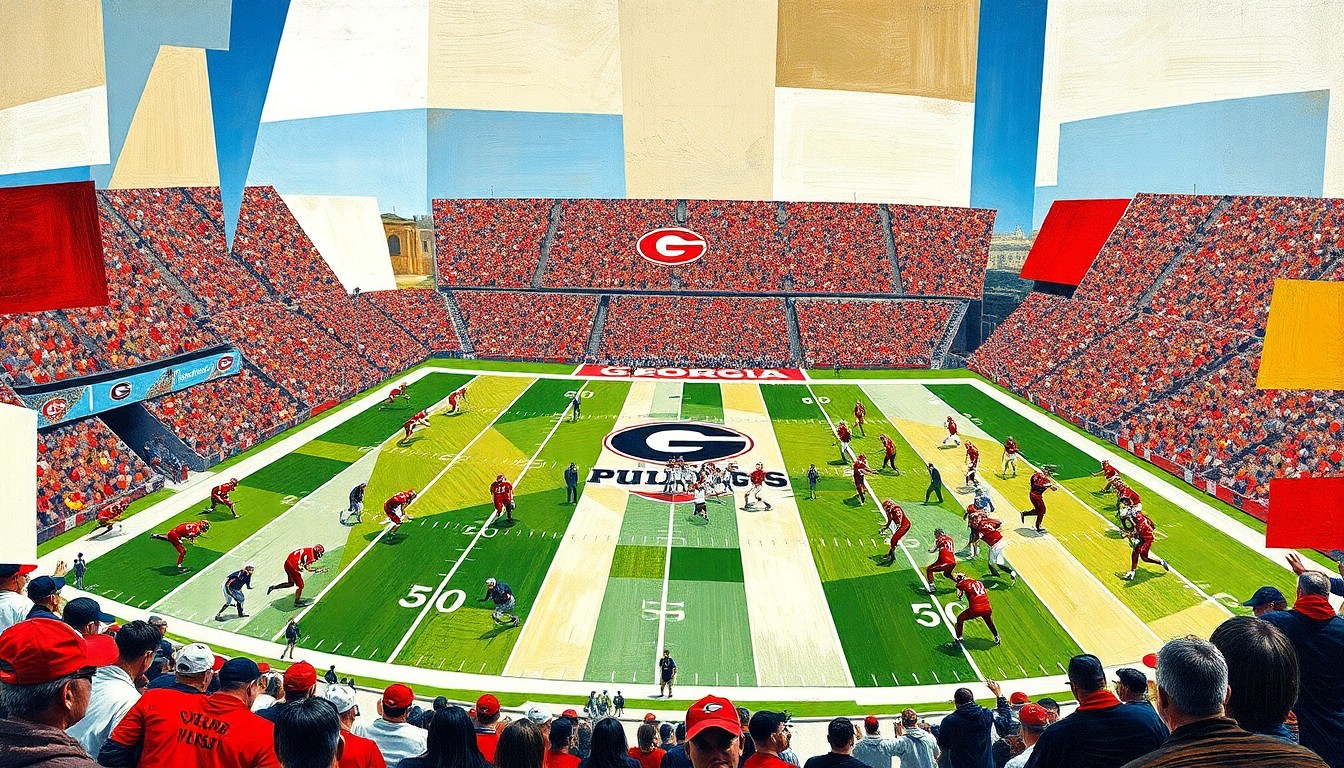 A fragmented, cubist-style painting depicting a Georgia Bulldogs football game, with players and the field reduced to abstract geometric shapes and planes of color, capturing the intensity and complexity of the sport.