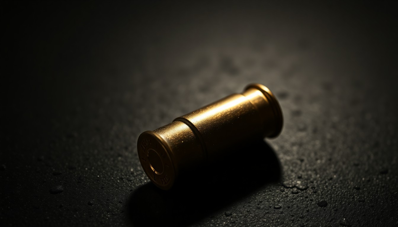 An extreme close-up of a spent bullet casing on a dark, textured surface, lit by a harsh, direct camera flash, conceptually representing the violence of a carjacking incident.