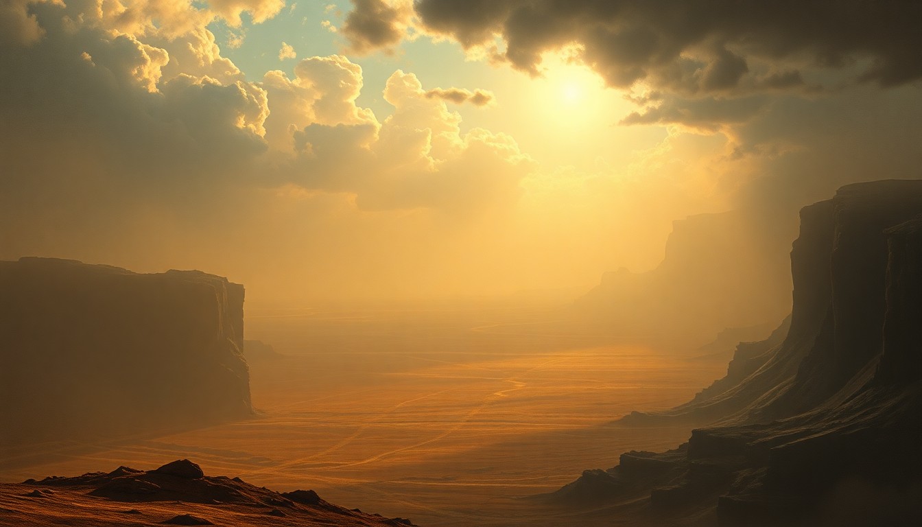 A vast, hazy landscape painting in muted earth tones, with a dramatic, backlit sky and a parched, desolate expanse of land, conveying the sublime and dangerous nature of the region's fire weather.