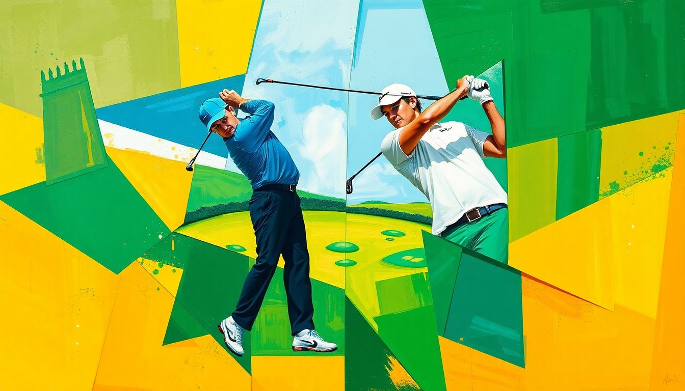 A fragmented, geometric painting depicting a golf match or competition, with sharp planes of color and overlapping perspectives representing the multifaceted nature of Sergio García's career and personal life.
