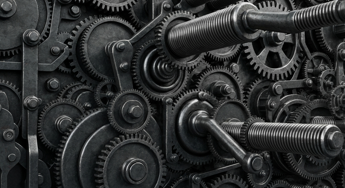 A cinematic close-up of a heavy, industrial network of gears, cogs, and levers, representing the hidden forces shaping personal finances in the digital age.
