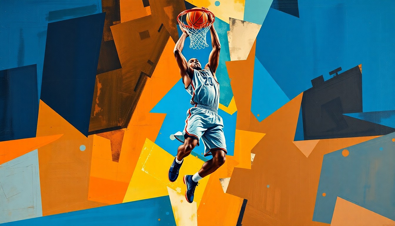 A fragmented, geometric painting depicting the powerful movements of a basketball player in mid-dunk, with sharp planes of color and form conveying the raw athleticism of the moment.