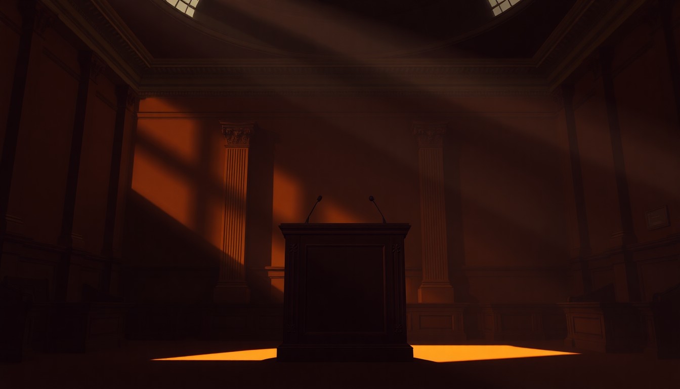 A cinematic painting of a solitary city council podium in a dimly lit government building, with warm sunlight and deep shadows creating a contemplative, nostalgic mood.