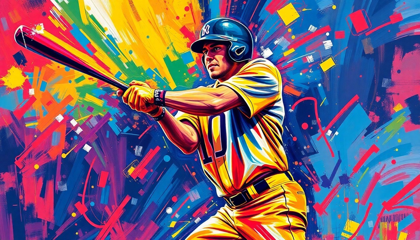 An abstract, expressionist painting using rapid, neon-colored brushstrokes to depict the powerful motion and energy of a baseball player swinging a bat and hitting a home run.