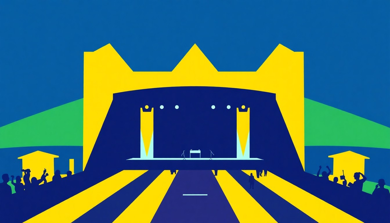 An abstract, minimalist illustration featuring jagged, overlapping shapes in shades of blue, green, and yellow, conceptually representing an outdoor music festival and concert series.