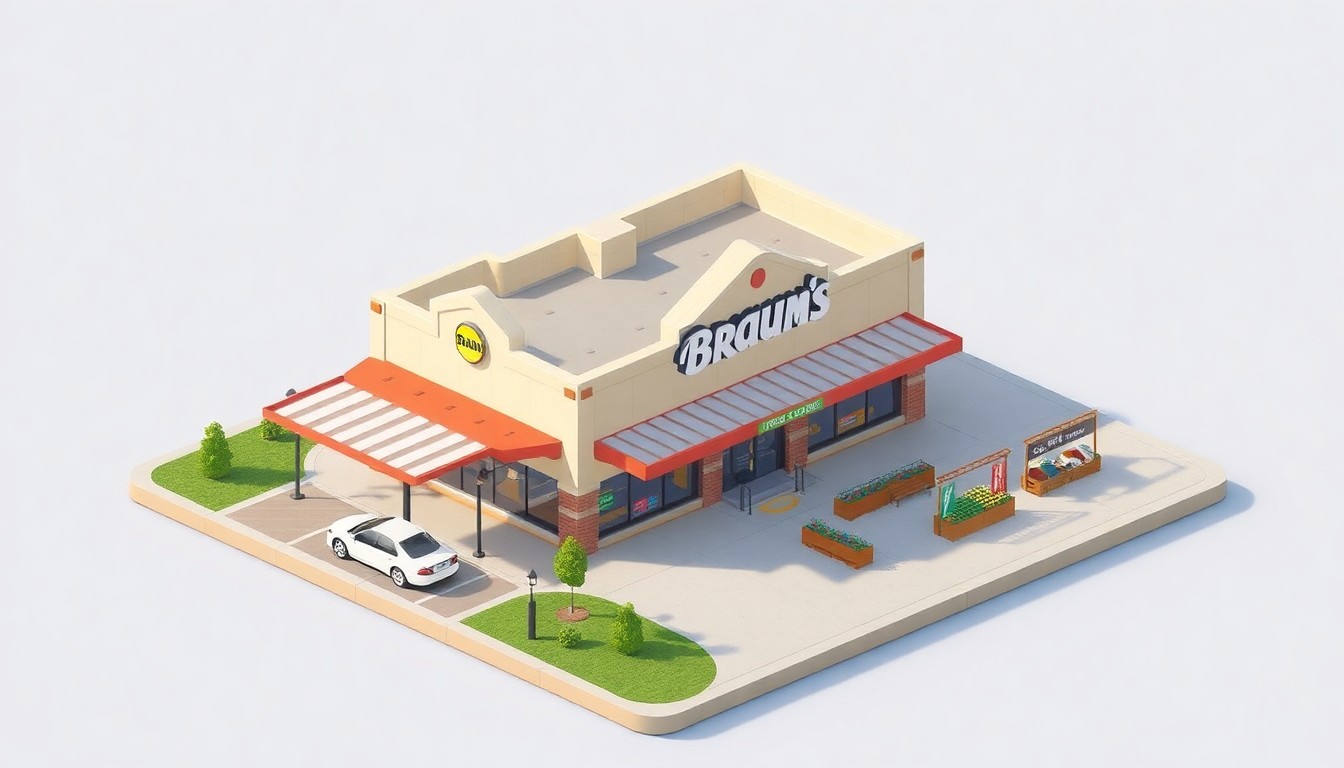 A stylized, isometric 3D digital illustration depicting the exterior of a new Braum's store in north Edmond, featuring the store's distinctive architecture, dual drive-thru lanes, covered patio, and Fresh Market grocery section, all rendered in a clean, modern, and playful visual style.