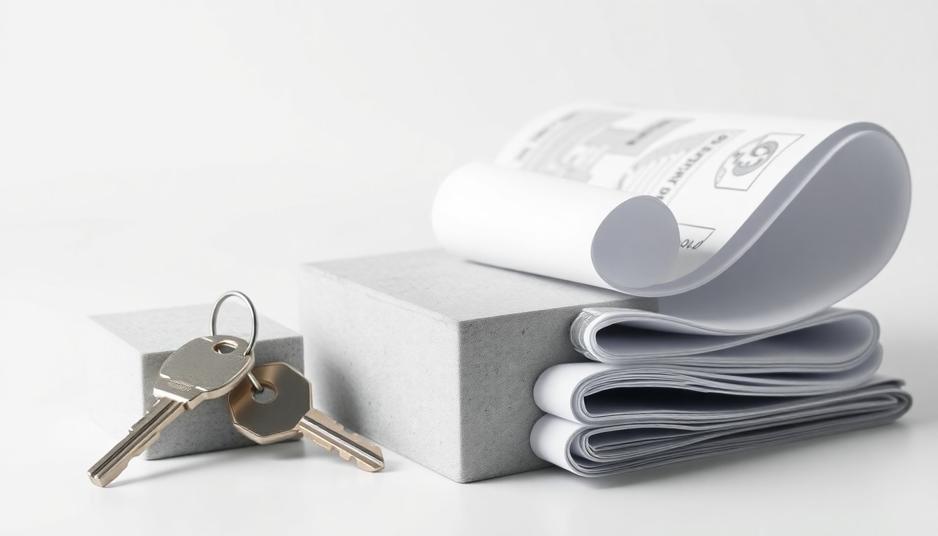 A minimalist studio photograph featuring a polished concrete block, chrome house key, and architectural blueprints, symbolizing the abstract issues of housing supply and development in St. Tammany Parish.