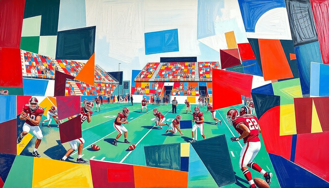 A fragmented, cubist-style painting depicting a college football practice, with players and equipment broken down into sharp, overlapping geometric shapes in the team's colors.