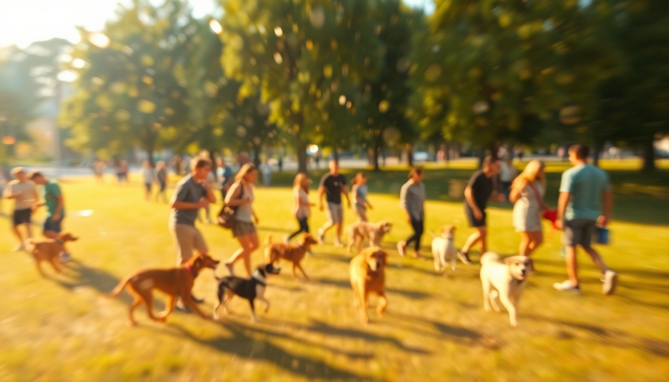 An abstract, out-of-focus photograph depicting the warm, lively atmosphere of an outdoor event with people and dogs interacting in a park setting.