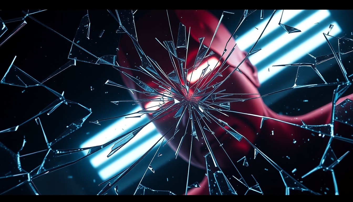 An abstract close-up photograph of shattered glass and dramatic lighting, conveying a sense of mystery and foreboding as the Watcher observes the events of Daredevil: Born Again.