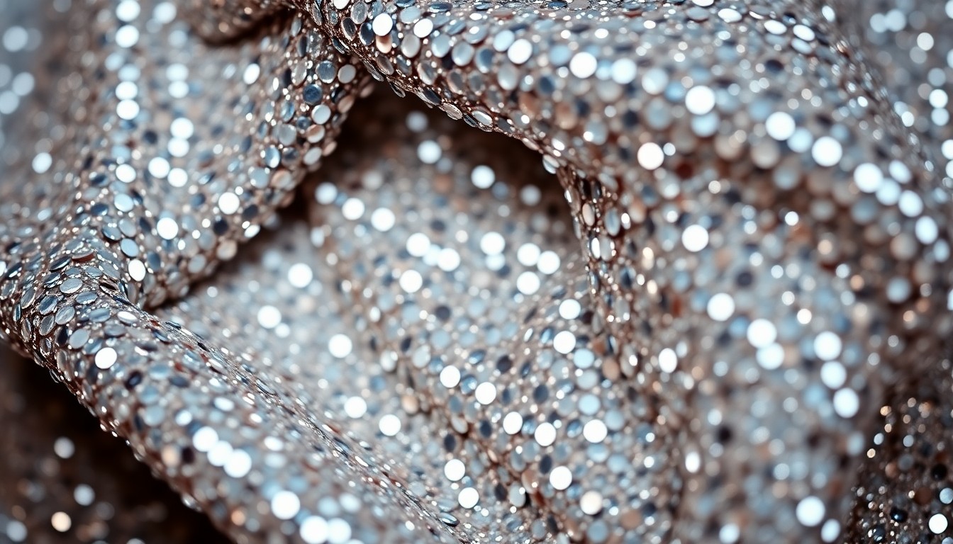 An extreme close-up of shimmering, high-contrast sequins in a studio setting, conceptually representing the shift in Nicole Kidman's career from acting to end-of-life care.