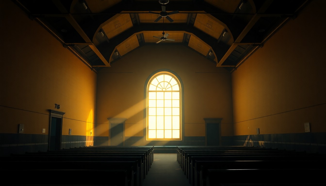 A dimly lit, empty synagogue interior with pews and religious symbols cast in warm, golden light and deep shadows, conveying a sense of solemnity and unease.