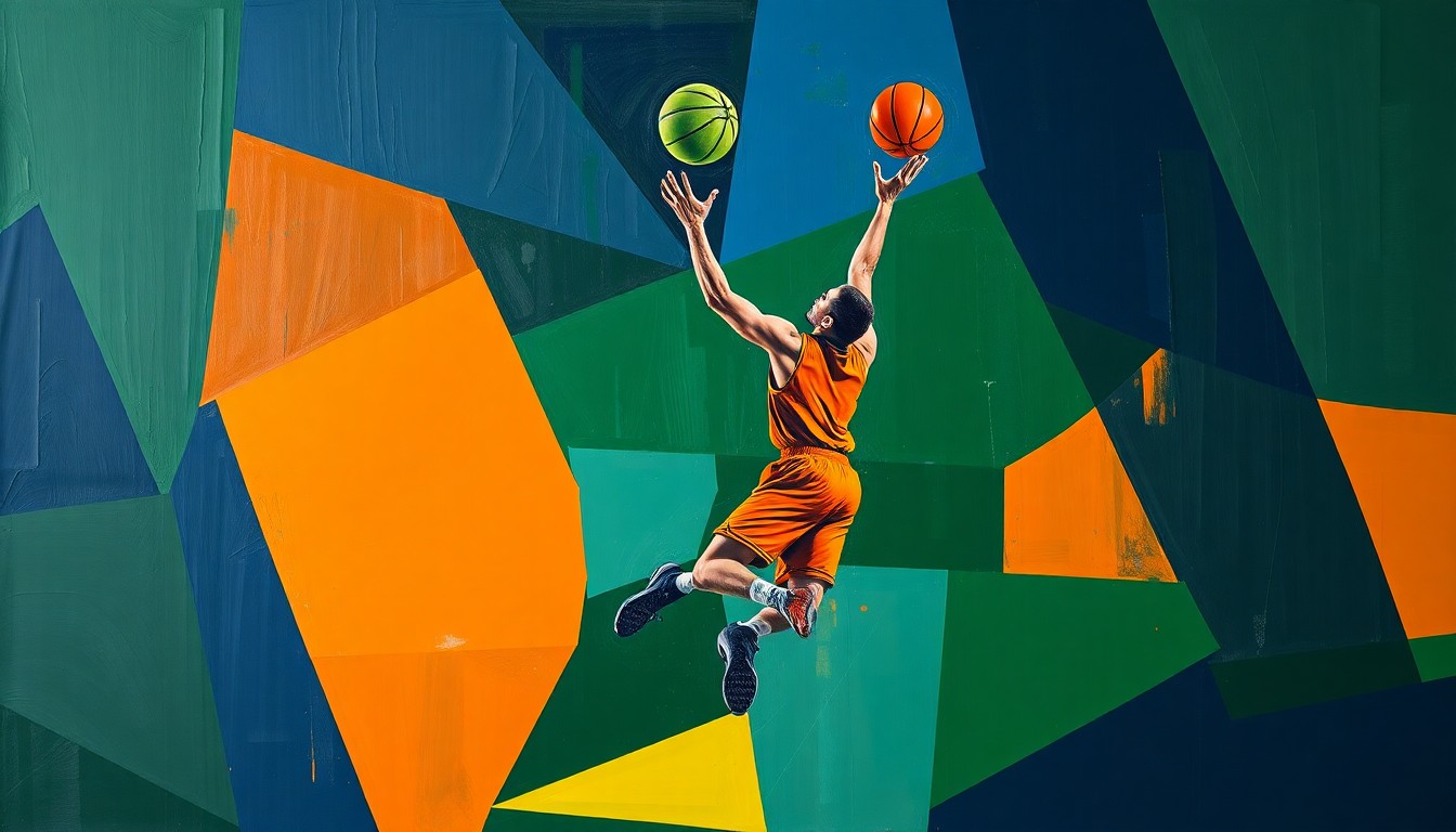A cubist, geometric painting depicting a basketball player in mid-jump shot, with the player's form broken down into sharp, overlapping planes of navy, green, and orange.