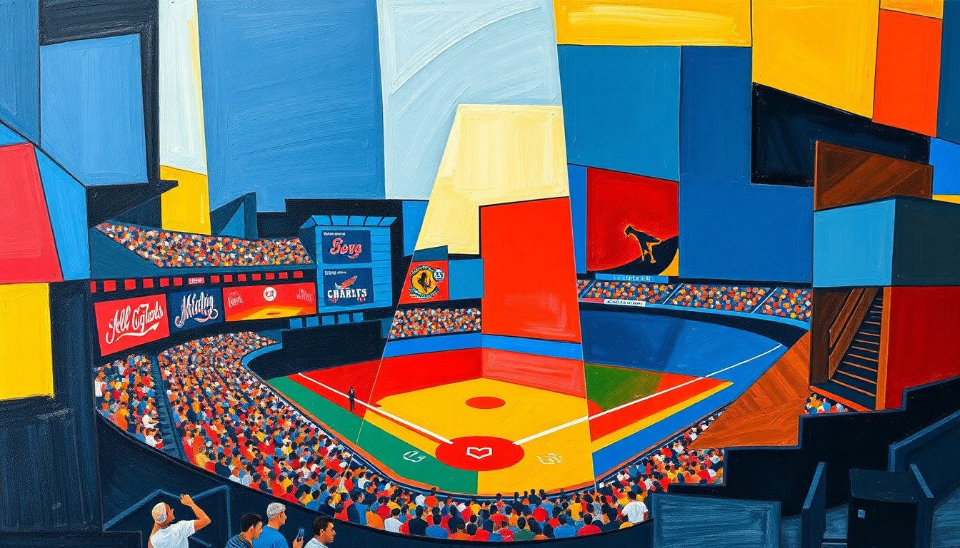 A cubist-style painting featuring overlapping geometric shapes and planes in navy, crimson, and golden yellow, conceptually representing the tension and drama of a close college baseball game.