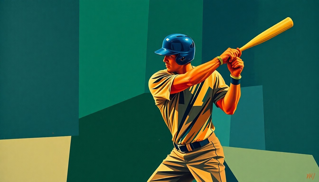 A fractured, multi-perspective painting in a cubist style, breaking down a baseball player's batting stance and swing into sharp, overlapping geometric planes in a palette of forest green, navy blue, and burnt orange, conceptually representing the complexities of maintaining consistent production at the plate.