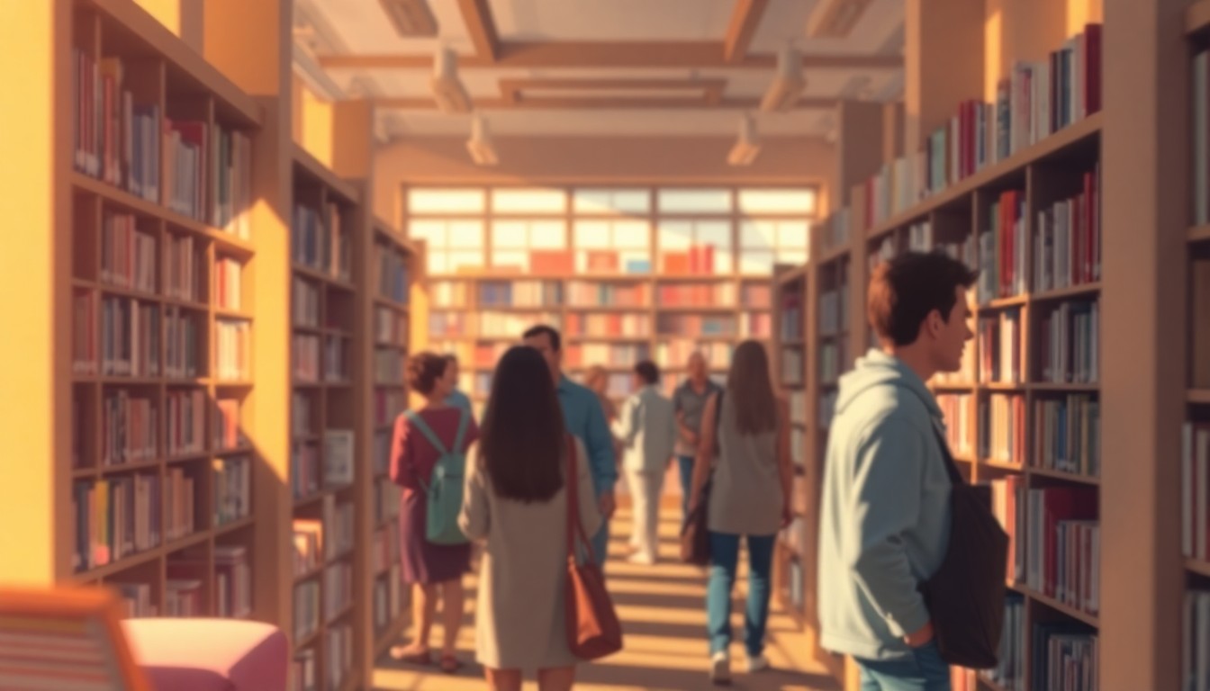 An abstract, impressionistic scene of blurred library shelves and figures browsing, conveying a sense of warmth, comfort, and community within the public library space.
