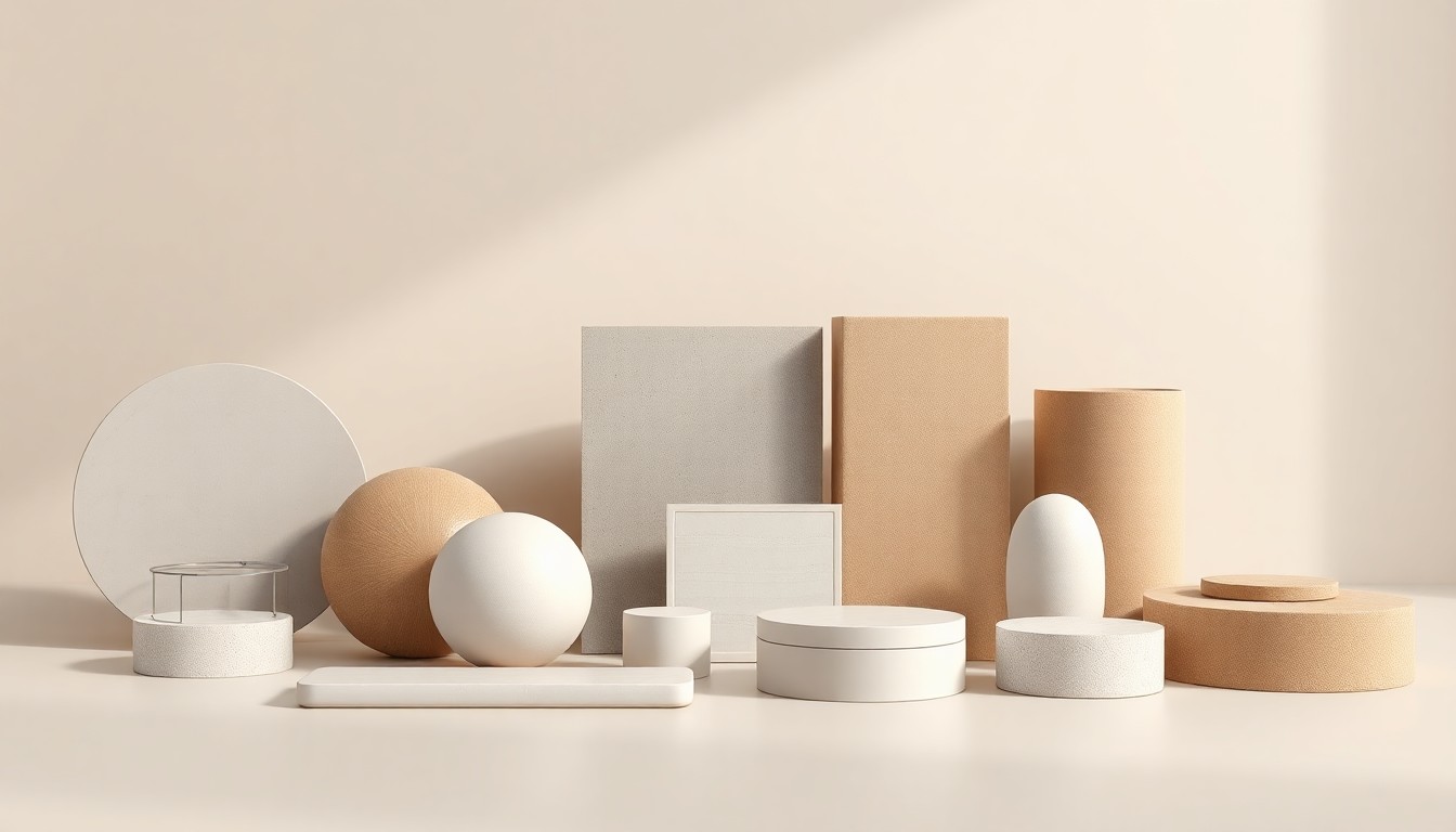 A minimalist studio still life photograph featuring a collection of smooth, geometric objects in neutral tones, conceptually representing the premium design and materials of the new townhomes.