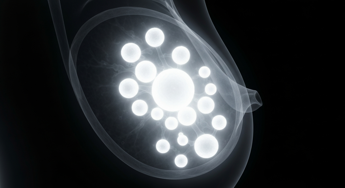 A ghostly, translucent X-ray image showing the internal structures of a human breast, with the cancerous cells appearing as bright white shapes against a dark background, conveying the clinical and scientific nature of understanding triple-negative breast cancer.