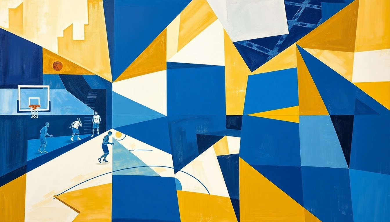 A cubist, geometric painting depicting fragmented basketball players and court elements in Butler's blue and gold colors, conveying the dynamic energy of the sport.