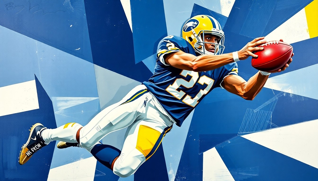 A fractured, cubist-style painting depicting a football player making a catch, with the player's body broken down into sharp, overlapping geometric shapes in navy blue, white, and gold.