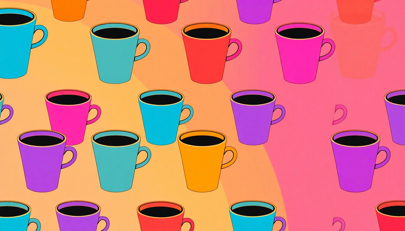 A vibrant, abstract silkscreen illustration featuring a repeated pattern of a stylized coffee cup in neon pink, yellow, and blue hues, conceptually representing the widespread popularity and shared appeal of the Raspberry Danish Latte.