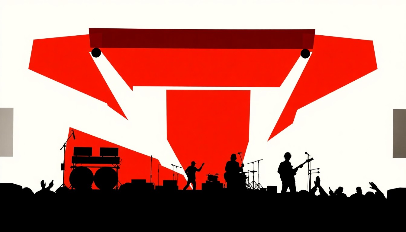 An abstract, minimalist illustration featuring bold, jagged shapes in red, white, and black, conceptually representing the energy and excitement of a live music festival without depicting any specific performers or branding.