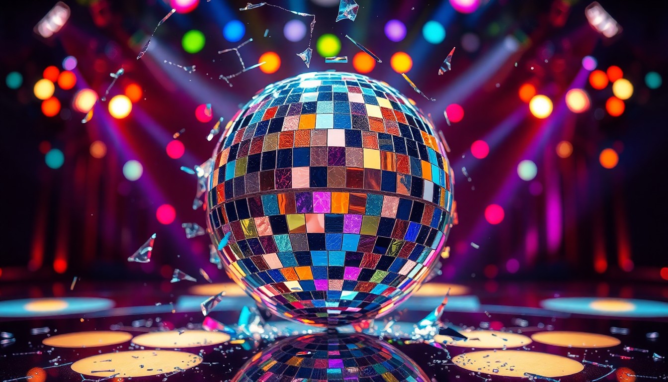 An abstract close-up photograph of shattered glass reflecting colorful stage lights, conveying the glamour and drama of a game show set.