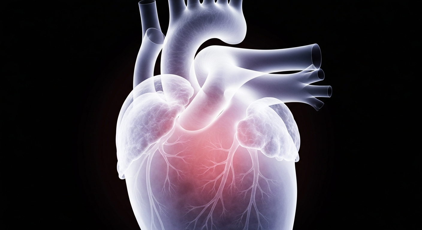 A ghostly, translucent X-ray image of a human heart, its intricate chambers and valves glowing with an ethereal energy, conceptually representing the medical advancements that allow doctors to precisely intervene and restore cardiovascular health.