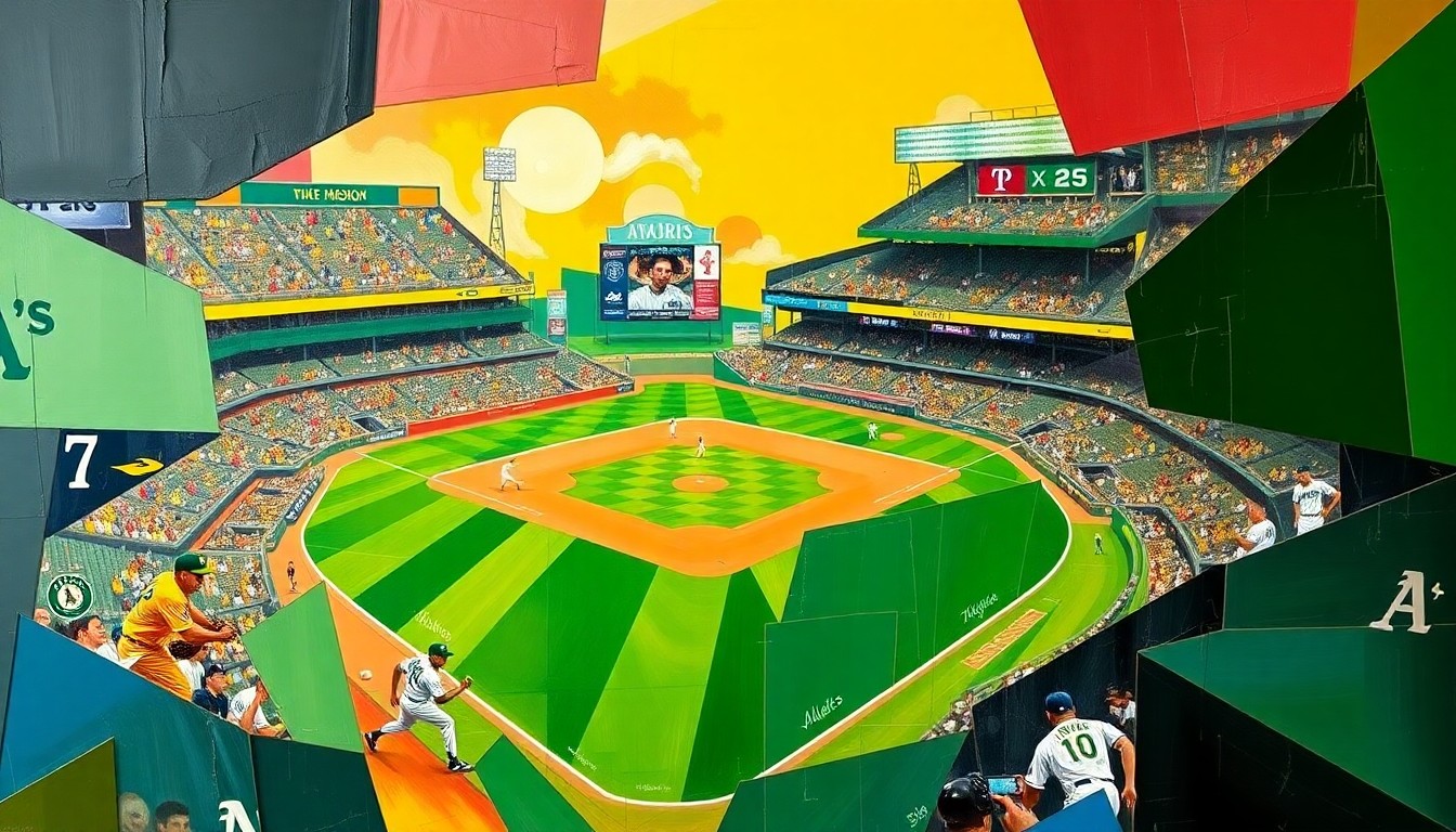 A cubist, geometric painting depicting a baseball game, with the players and field broken down into overlapping planes of vibrant green, gold, red, and blue colors.