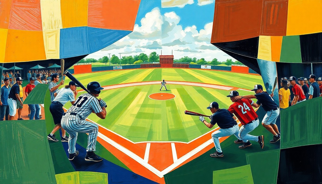 A cubist, geometric painting depicting the dynamic action of a high school softball game, with players, bats, and the field rendered in overlapping planes of color and shape.