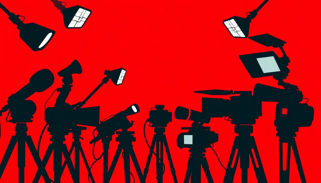 A striking abstract illustration featuring bold, geometric black silhouettes of broadcast news equipment set against a bright red background, conceptually representing the excellence of KXII 12's news coverage.