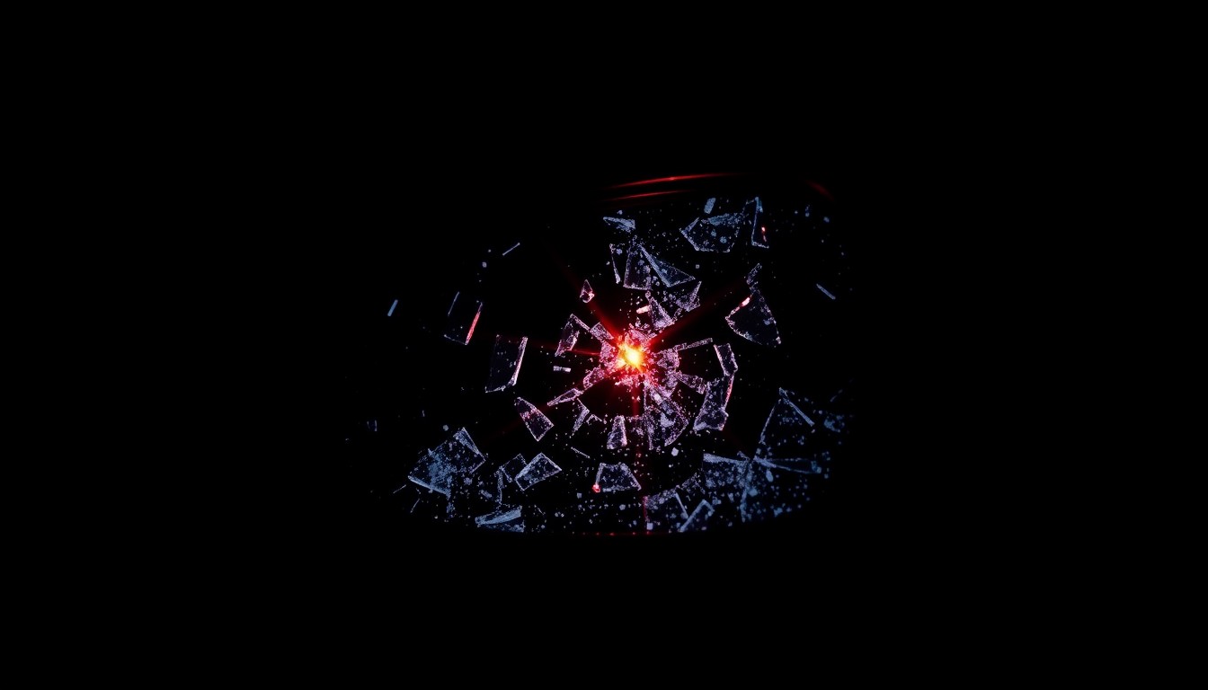 An extreme close-up photograph of a shattered car side mirror reflecting a faint red light, conceptually representing the aftermath of a hit-and-run incident.