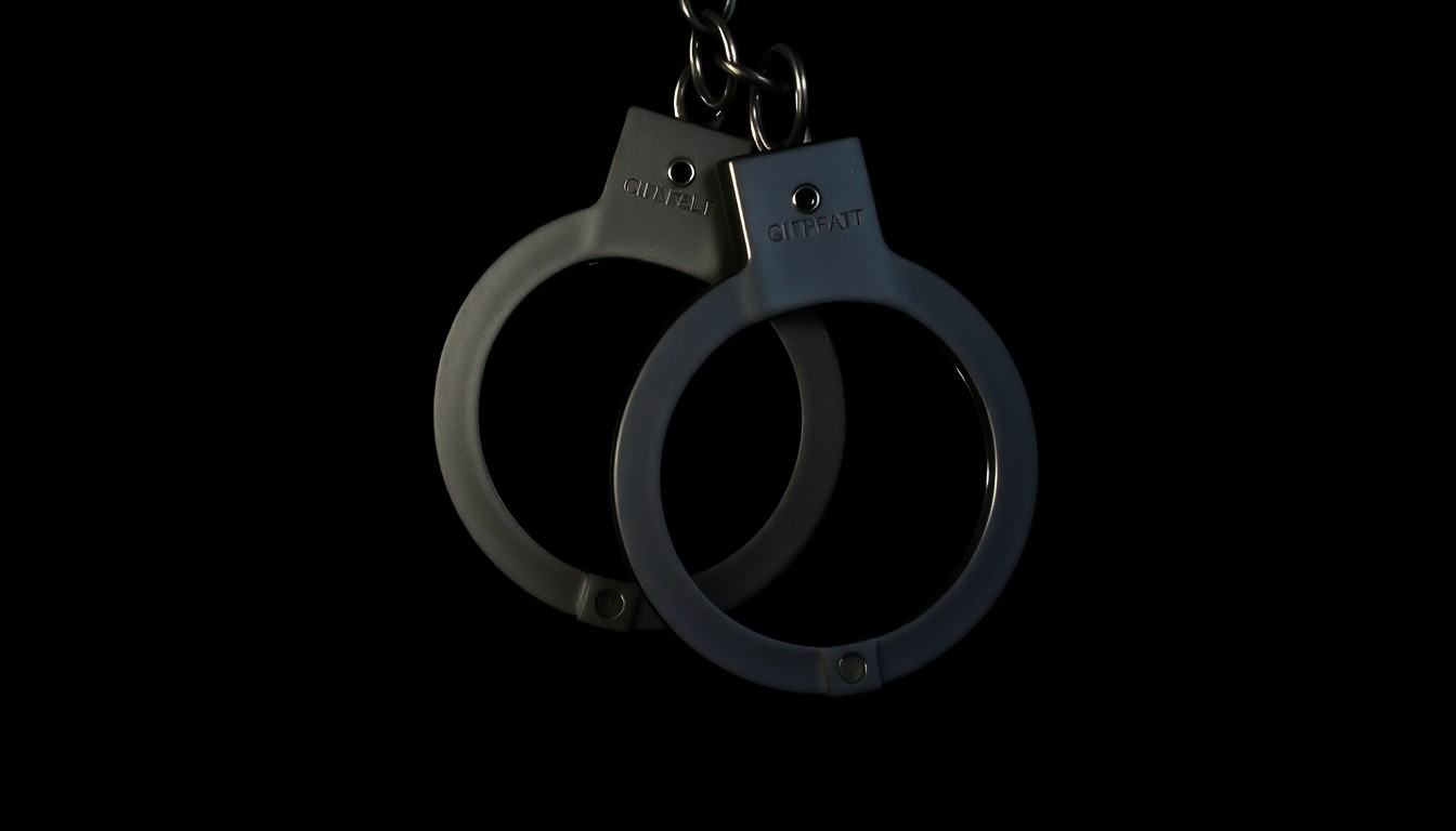 An extreme close-up photograph of a pair of metal handcuffs against a pitch-black background, dramatically lit by a harsh camera flash to create a stark, gritty, investigative aesthetic.