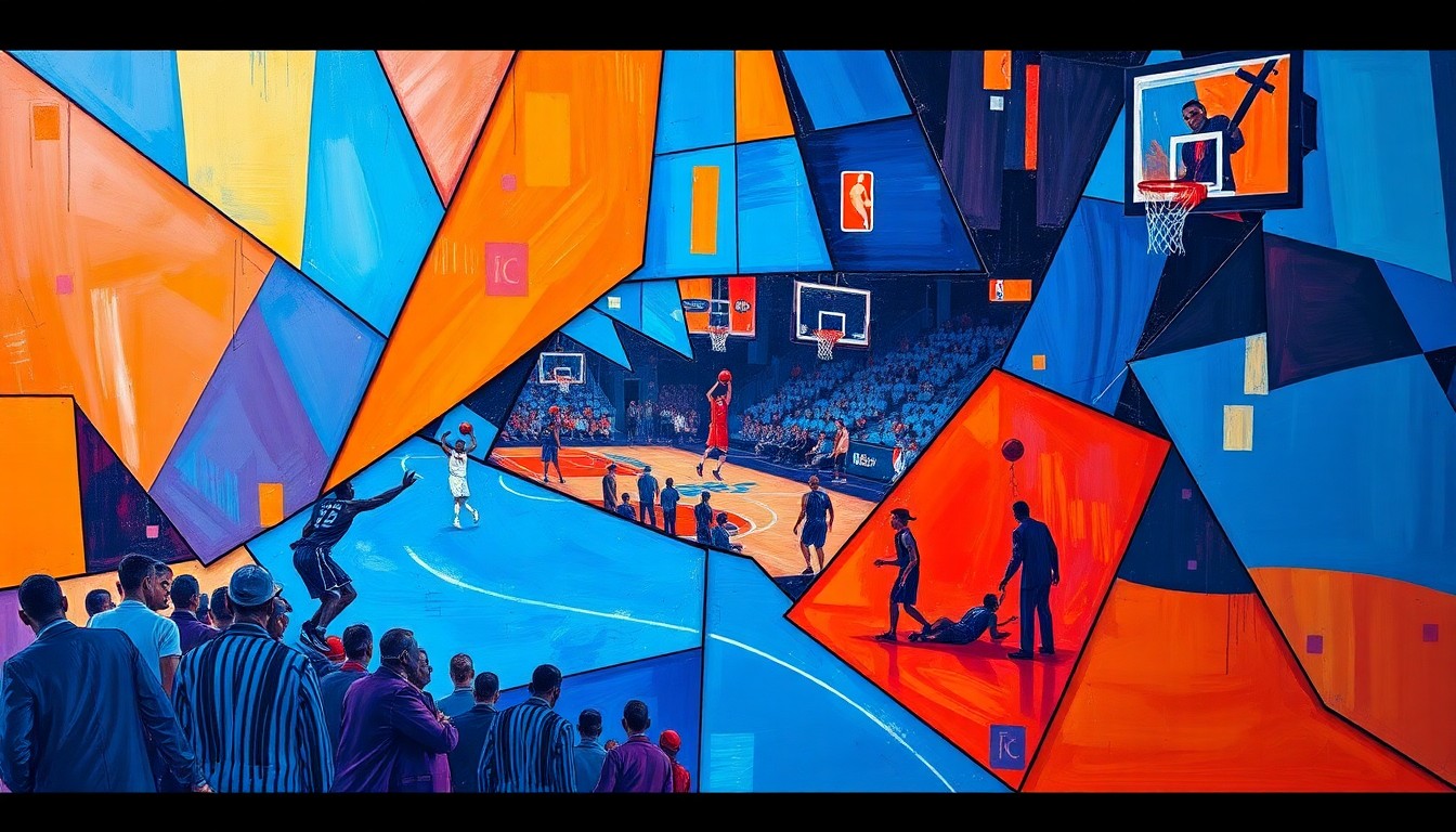 A cubist, geometric painting depicting fragmented basketball players and draft lottery imagery, using bold, clashing colors to convey the high-stakes energy of the upcoming draft.