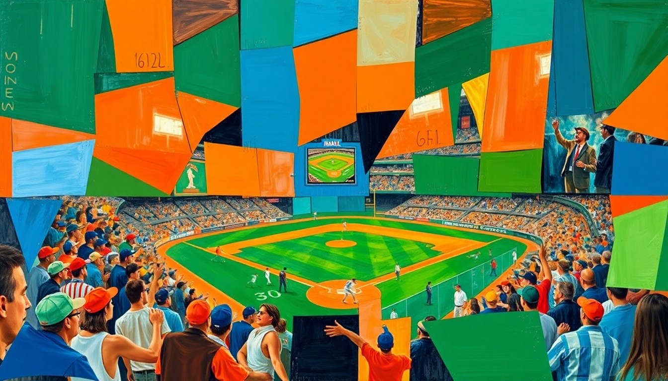 A fractured, multi-perspective painting in bold, vibrant colors, breaking down a baseball celebration or game into sharp, overlapping geometric planes, conveying the energy and emotion of the Astros' historic 2005 season.