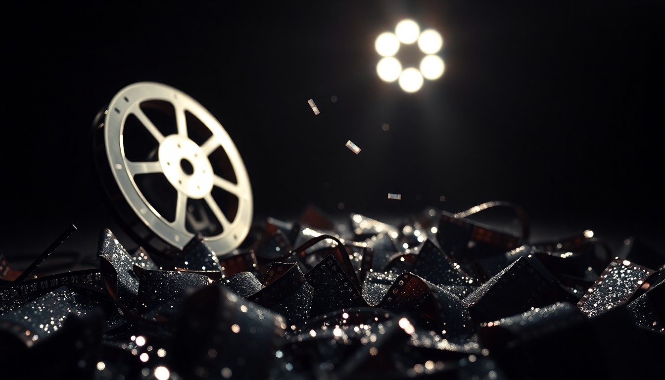 An abstract close-up photograph of shattered, reflective film reel fragments, conveying a sense of the decline and disruption facing the traditional Hollywood entertainment industry.