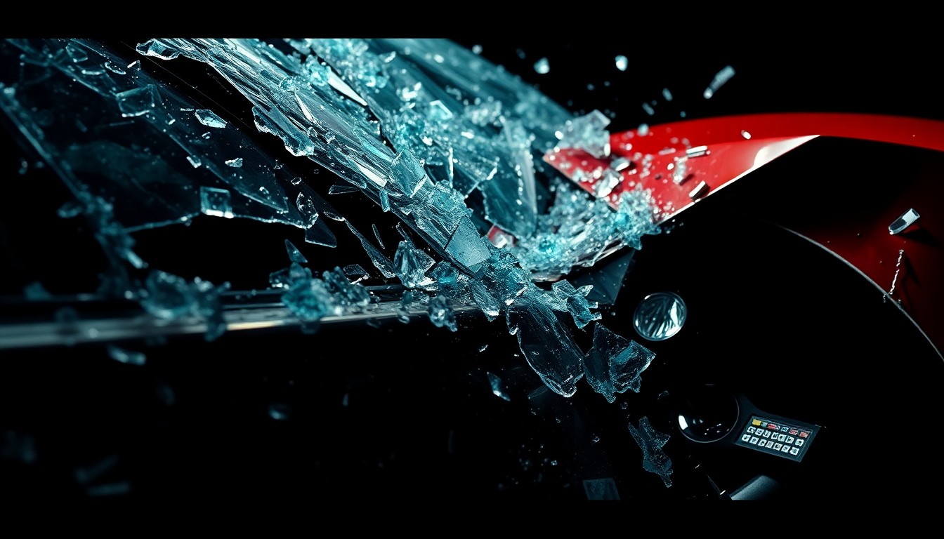 An extreme close-up photograph of shattered glass and twisted metal, capturing the aftermath of a high-speed car crash in a dramatic, high-contrast studio lighting style that evokes a sense of glamour and luxury.