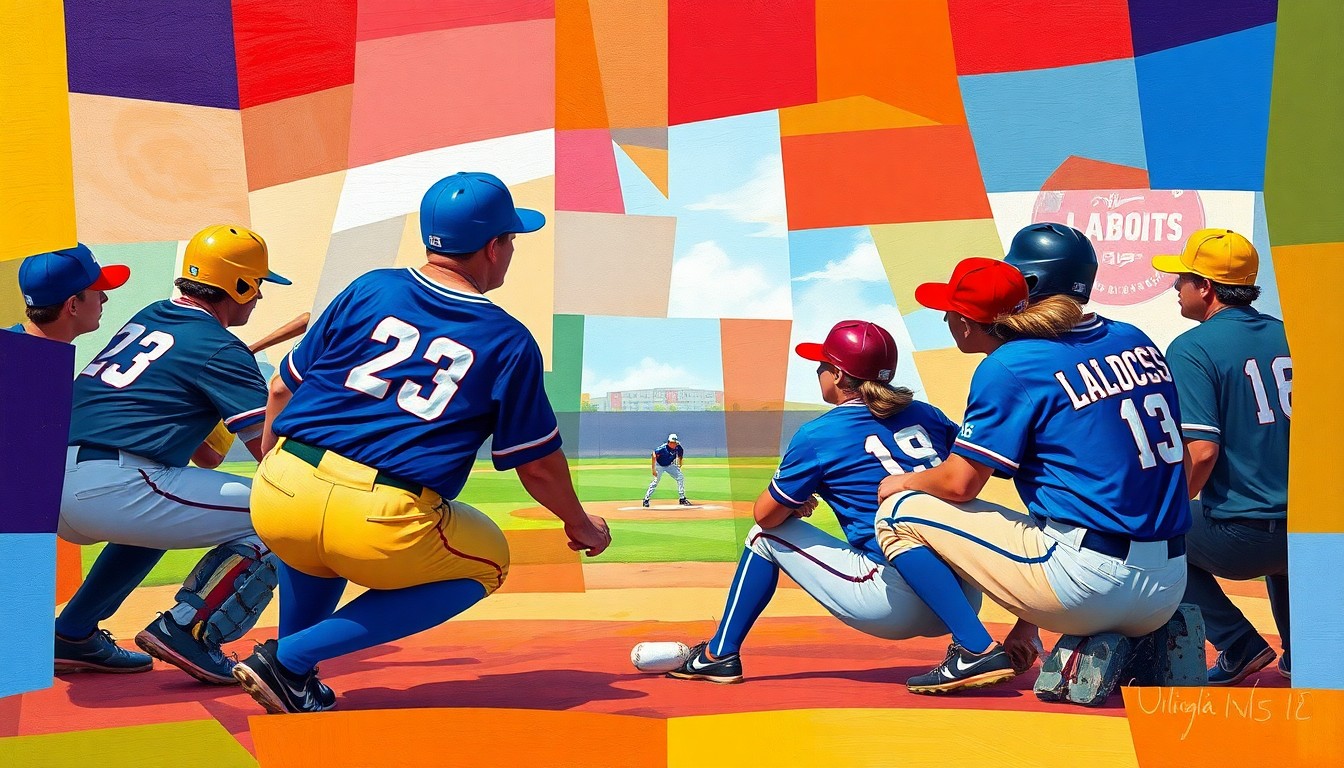A cubist, geometric painting depicting a softball game in motion, with the players and field broken down into sharp, overlapping planes of bright team colors.