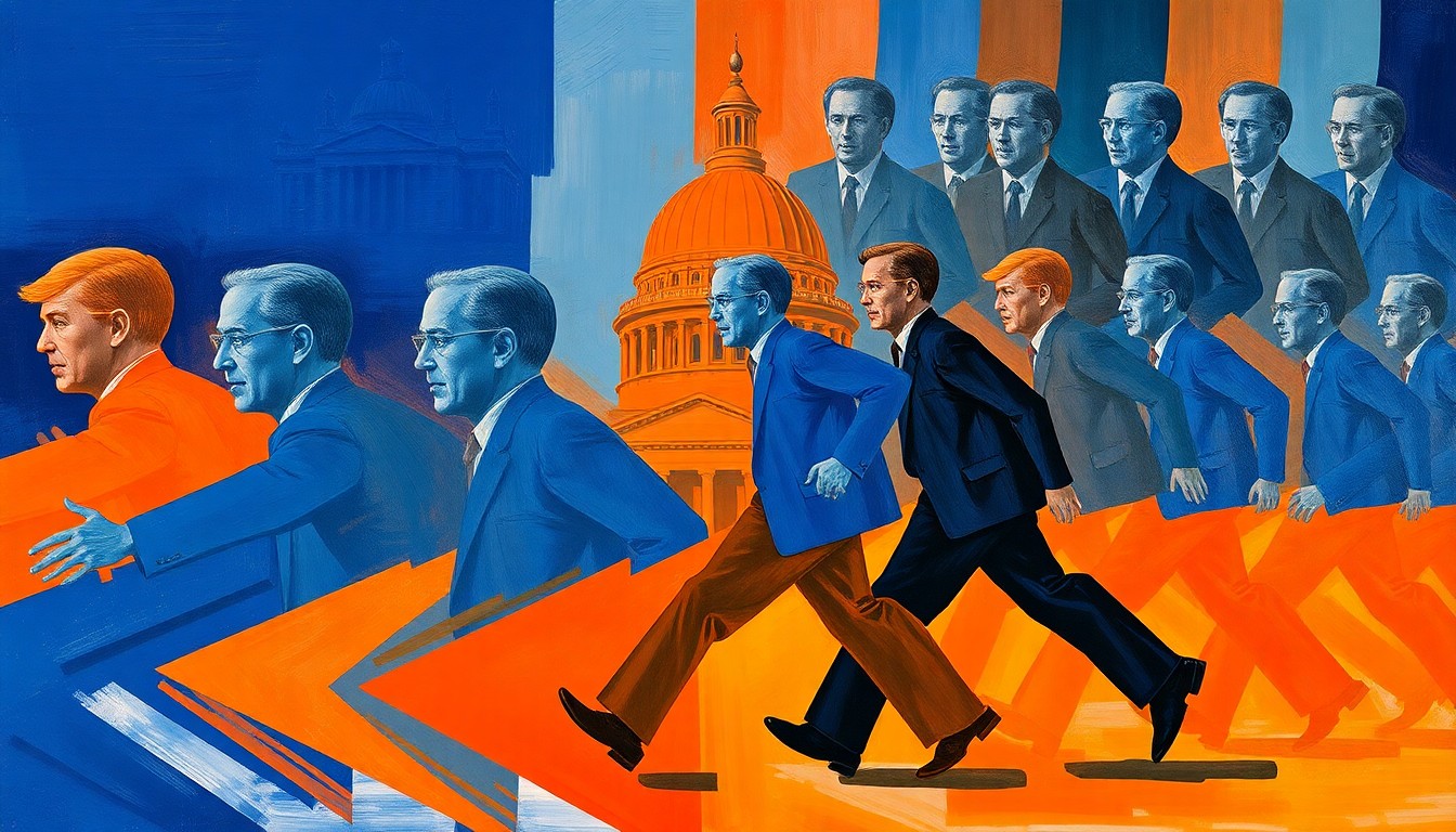 A dynamic, abstract painting featuring overlapping, geometric shapes in shades of blue and orange, conveying a sense of motion and fragmentation related to the California Republican Party's inability to unite behind a single gubernatorial candidate.