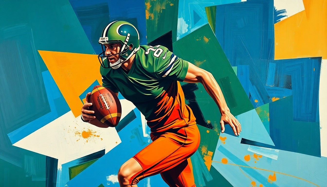 A fragmented, geometric painting depicting a football player in motion, with sharp planes of color and form representing the power and grace of the sport.