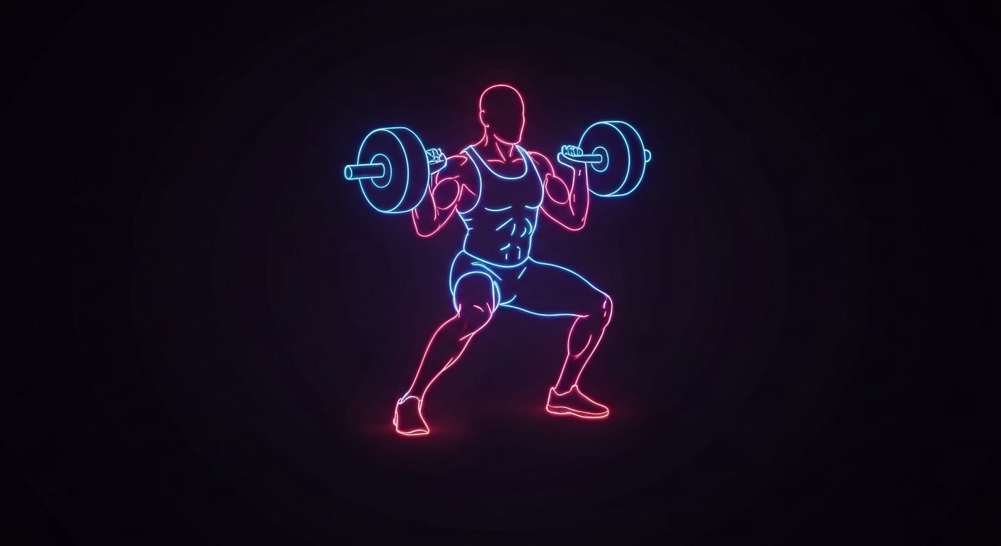A glowing neon outline of a person lifting weights, with vibrant lines defining the figure's movements against a dark background, conceptually representing the benefits of strength training for older adults.