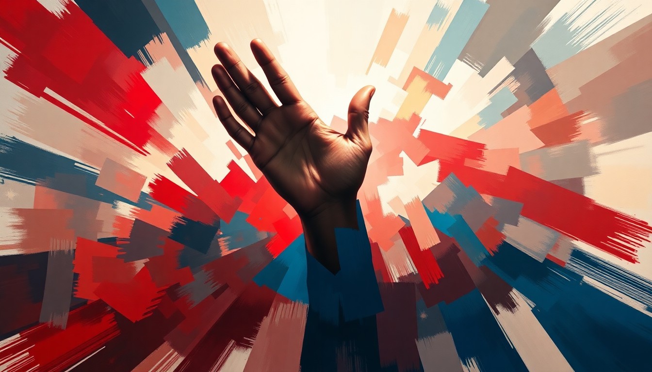 A dynamic, abstract painting featuring overlapping geometric shapes and brushstrokes in red, white, and blue, conveying a sense of political and religious tension without depicting any specific individuals or objects.