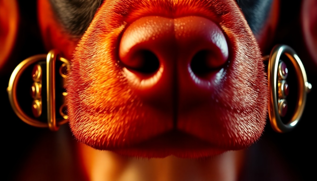 An extreme close-up photograph of a glossy, reflective dog collar in high-contrast studio lighting, capturing the luxurious textures and glittering details in an abstract, high-fashion aesthetic.