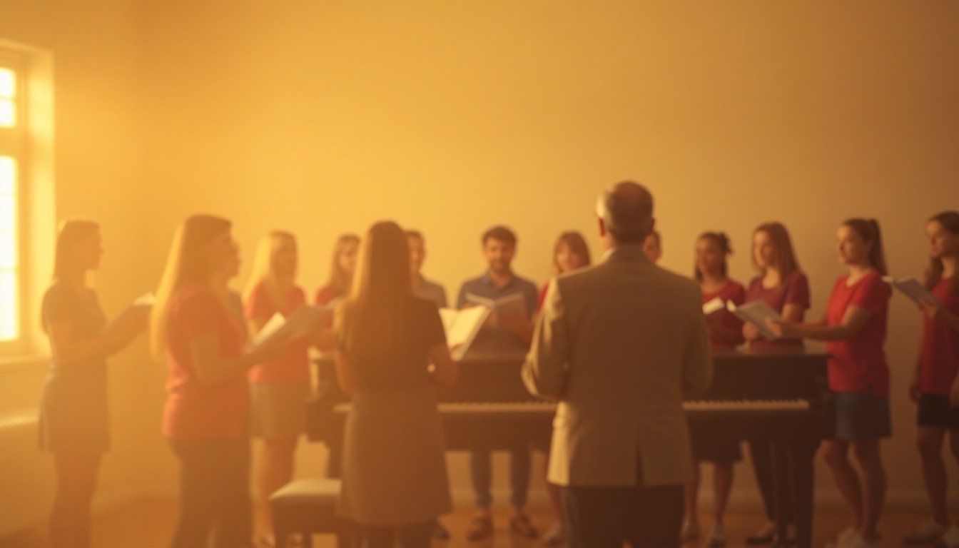 A soft, abstract photograph in warm, muted tones depicting the blurred silhouettes of a choir rehearsal, capturing the emotional atmosphere as a community comes together to support their choir director facing a life-changing illness.
